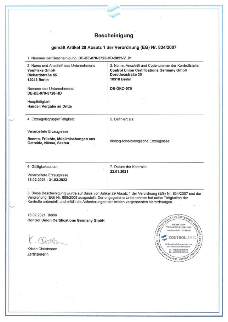 YouFlake Bio-Zertifizierung bis 31.03.2023